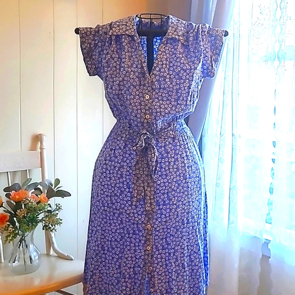SHIBEVER Vintage Blue Floral Dress, Size Small